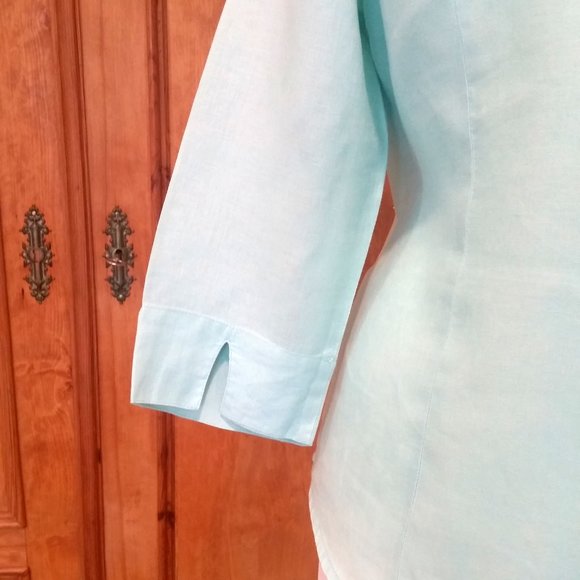 Charter Club 100% Linen Turquoise Blue Button Down Collarless TopSize 10 - Picture 4 of 7
